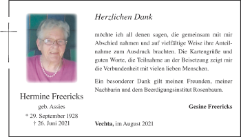 Anzeige von Hermine Freericks von OM-Medien