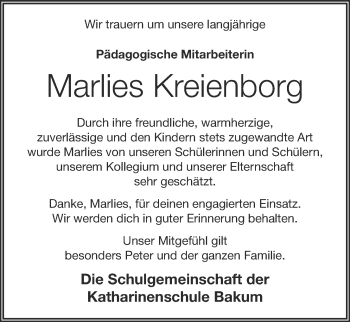 Anzeige von Marlies Kreienborg von OM-Medien