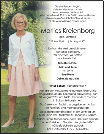 Anzeige von Marlies Kreienborg von OM-Medien