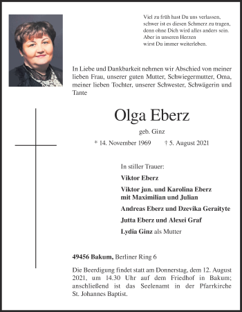 Anzeige von Olga Eberz von OM-Medien