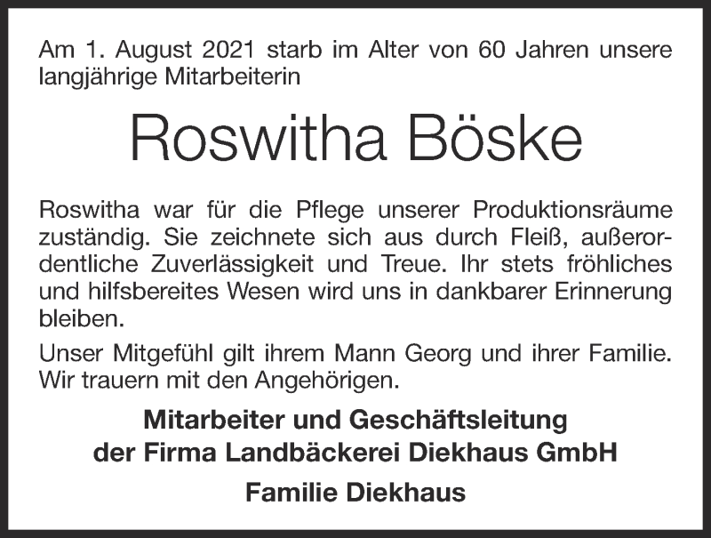  Traueranzeige für Roswitha Böske vom 04.08.2021 aus OM-Medien