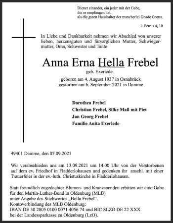 Anzeige von Anna Erna Hella Frebel von OM-Medien