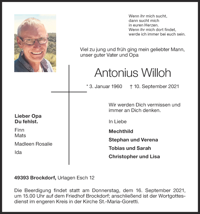  Traueranzeige für Antonius Willoh vom 13.09.2021 aus OM-Medien
