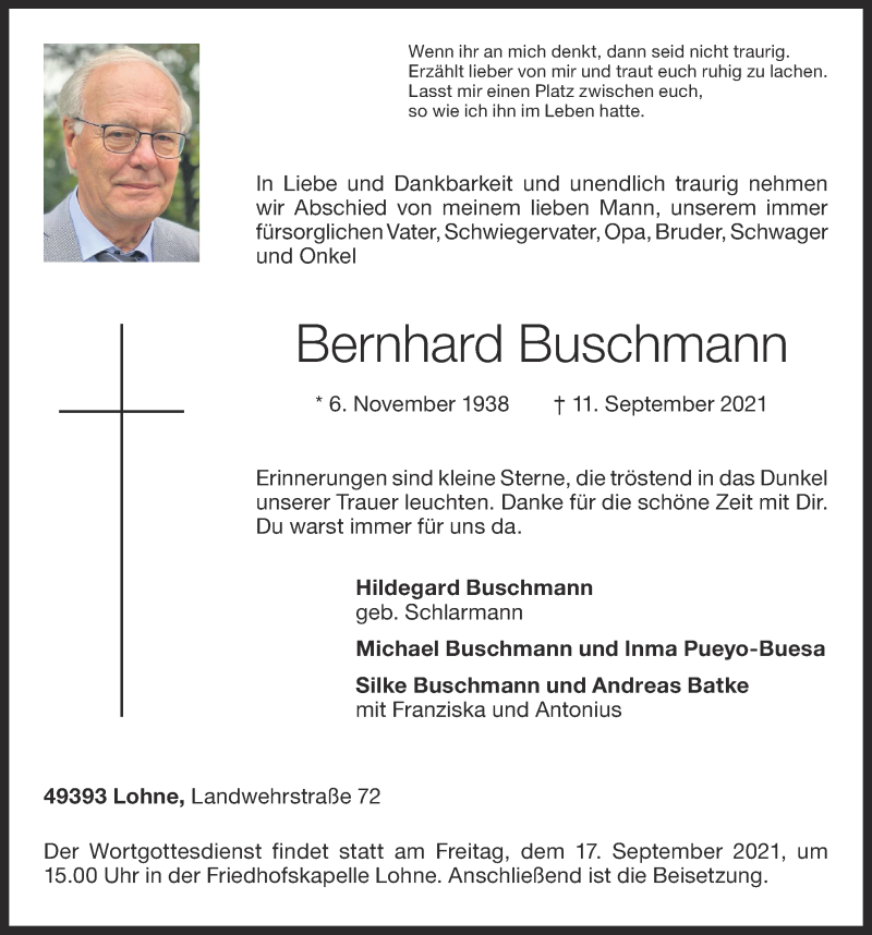  Traueranzeige für Bernhard Buschmann vom 14.09.2021 aus OM-Medien