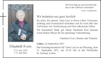 Anzeige von Elisabeth Evers von OM-Medien