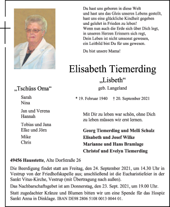 Anzeige von Elisabeth Tiemerding von OM-Medien