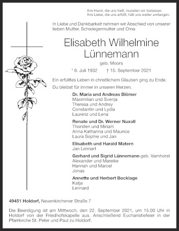 Anzeige von Elisabeth Wilhelmine Lünnemann von OM-Medien