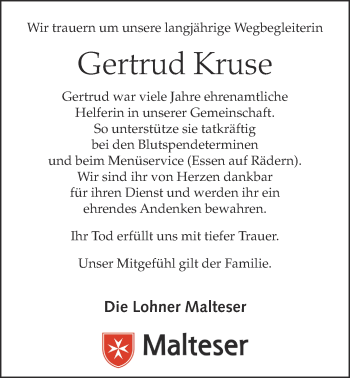 Anzeige von Gertrud Kruse von OM-Medien