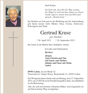 Anzeige von Gertrud Kruse von OM-Medien