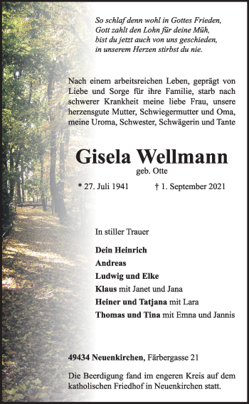 Anzeige von Gisela Wellmann von OM-Medien