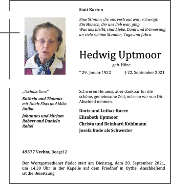 Anzeige von Hedwig Uptmoor von OM-Medien