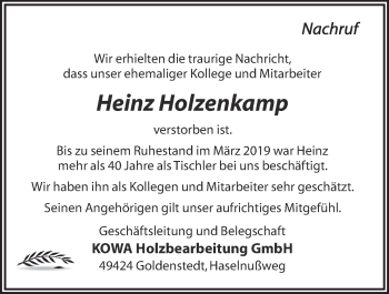 Anzeige von Heinz Holzenkamp von OM-Medien