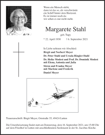 Anzeige von Margarete Stahl von OM-Medien