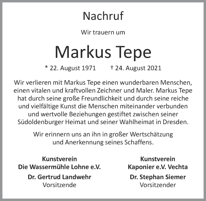  Traueranzeige für Markus Tepe vom 09.09.2021 aus OM-Medien