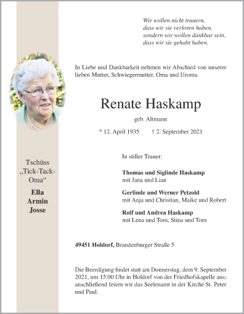 Anzeige von Renate Haskamp von OM-Medien