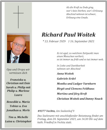 Anzeige von Richard Paul Woitek von OM-Medien