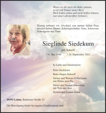 Anzeige von Sieglinde Siedekum von OM-Medien