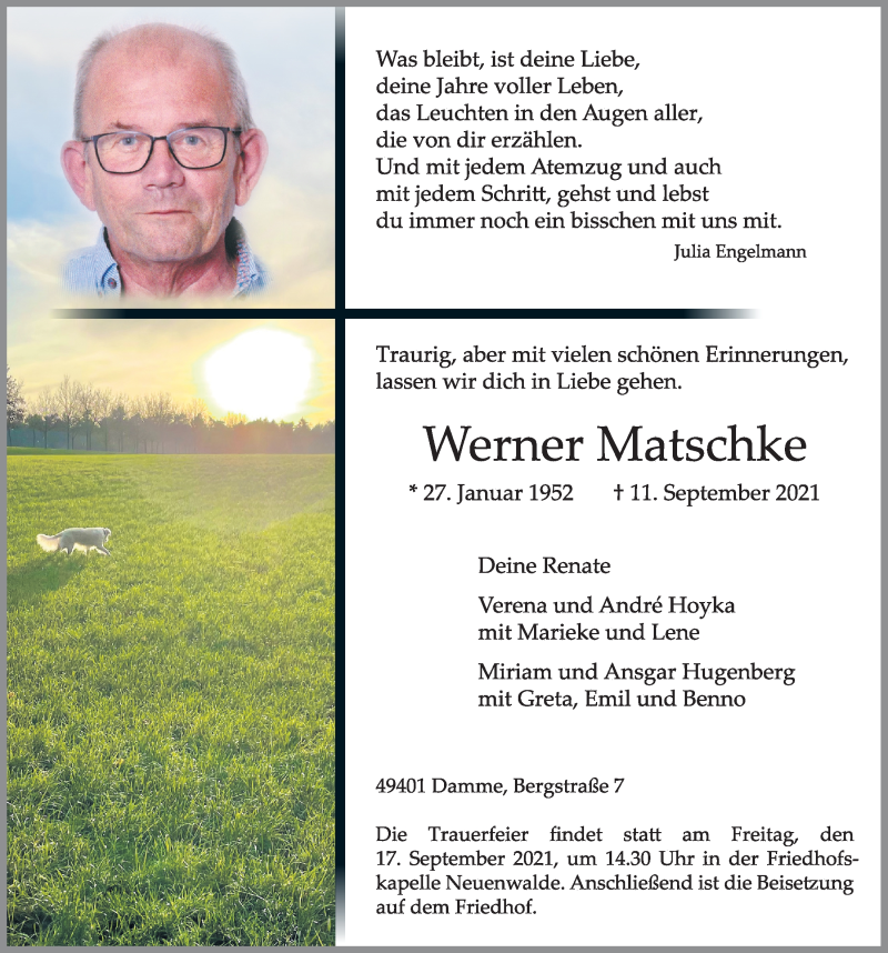  Traueranzeige für Werner Matschke vom 14.09.2021 aus OM-Medien