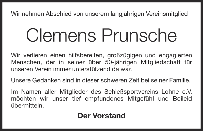  Traueranzeige für Clemens Prunsche vom 12.01.2022 aus OM-Medien
