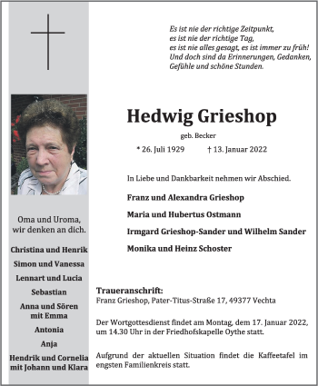 Anzeige von Hedwig Grieshop von OM-Medien