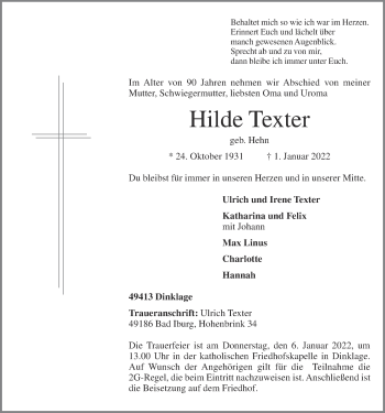 Anzeige von Hilde Texter von OM-Medien