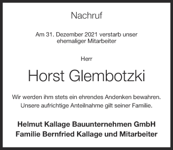 Anzeige von Horst Glembotzki von OM-Medien