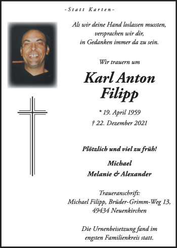 Anzeige von Karl Anton Filipp von OM-Medien