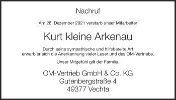 Anzeige von Kurt kleine Arkenau von OM-Medien
