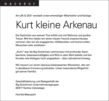Anzeige von Kurt kleine Arkenau von OM-Medien