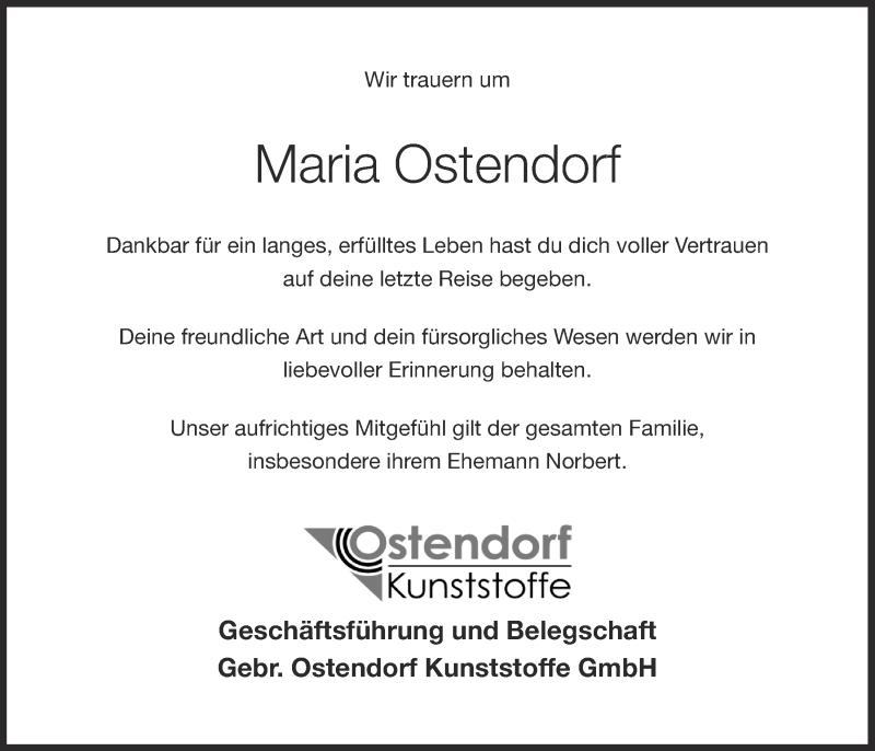  Traueranzeige für Maria Ostendorf vom 15.01.2022 aus OM-Medien
