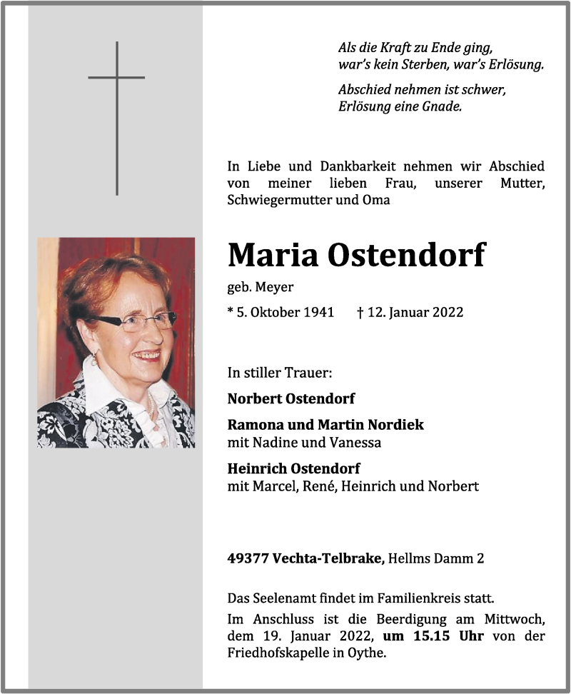  Traueranzeige für Maria Ostendorf vom 14.01.2022 aus OM-Medien