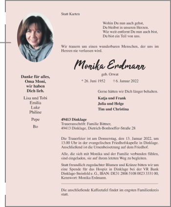 Anzeige von Monika Erdmann von OM-Medien