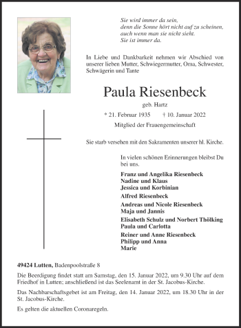 Anzeige von Paula Riesenbeck von OM-Medien