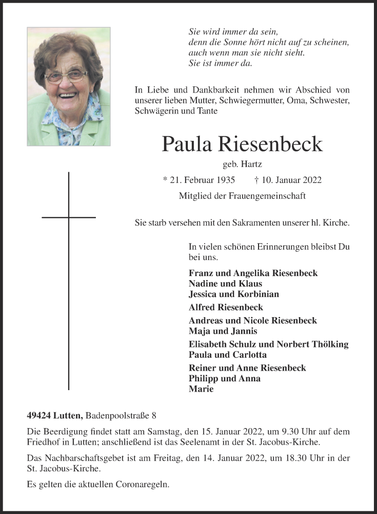  Traueranzeige für Paula Riesenbeck vom 12.01.2022 aus OM-Medien