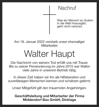 Anzeige von Walter Haupt von OM-Medien