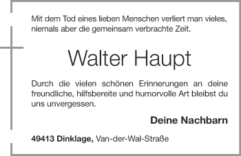 Anzeige von Walter Haupt von OM-Medien