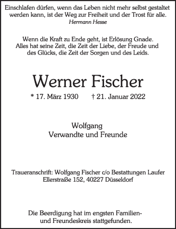 Anzeige von Werner Fischer von OM-Medien