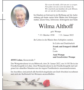 Anzeige von Wilma Althoff von OM-Medien