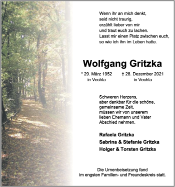 Anzeige von Wolfgang Gritzka von OM-Medien