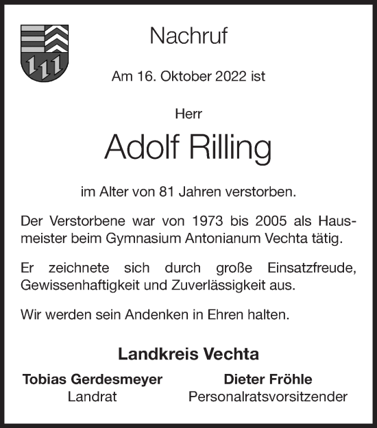 Anzeige von Adolf Rilling von OM-Medien