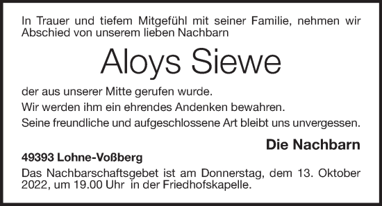 Anzeige von Aloys Siewe von OM-Medien