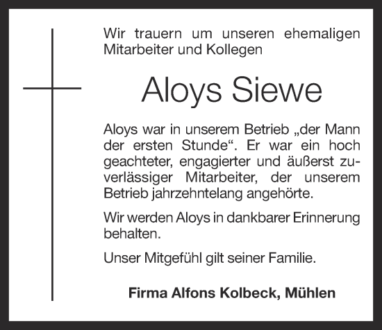 Anzeige von Aloys Siewe von OM-Medien