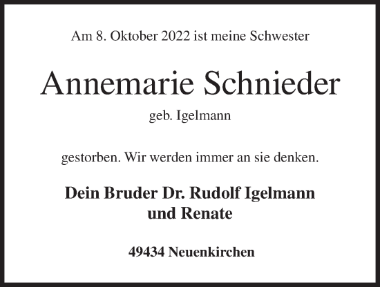 Anzeige von Annemarie Schnieder von OM-Medien