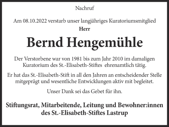 Anzeige von Bernd Hengemühle von OM-Medien