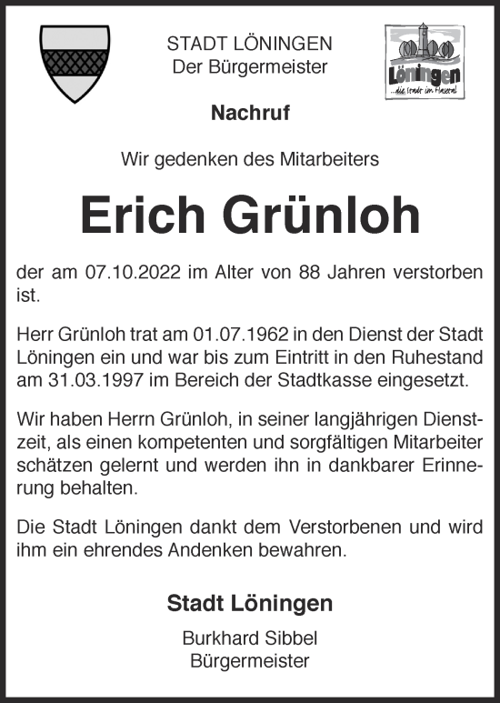Anzeige von Erich Grünloh von OM-Medien