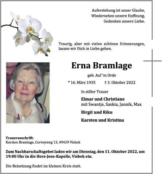 Anzeige von Erna Bramlage von OM-Medien