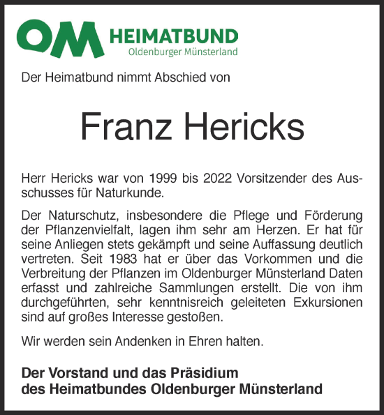 Anzeige von Franz Hericks von OM-Medien