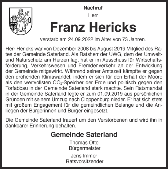 Anzeige von Franz Hericks von OM-Medien