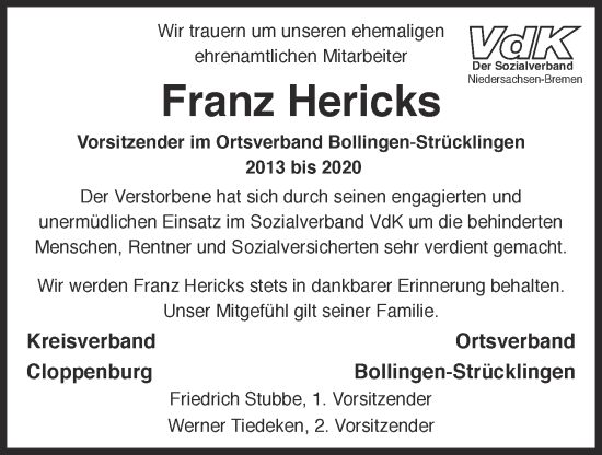 Anzeige von Franz Hericks von OM-Medien