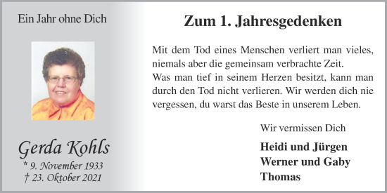 Anzeige von Gerda Kohls von OM-Medien